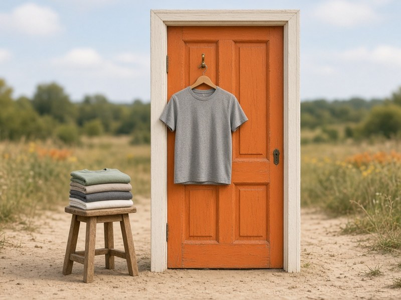 Orange door with a t-shirt hanging on it, the door to TranceWear merch